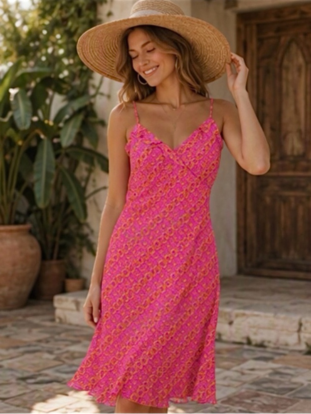 🌷 Rue Twenty One 🌷 90s Vintage Pink & Orange Midi Slip Ruffle Dress